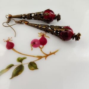 Victorian Coquette Drop Brass Rose Burgundy  Earrings